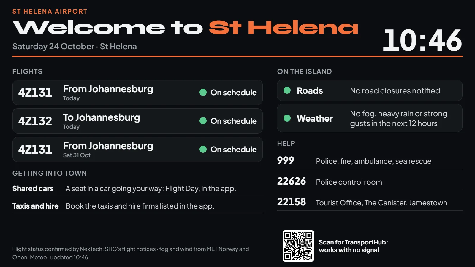 The airport board: Welcome to St Helena, the next flights and their status, getting into town, the roads and weather, and help numbers.