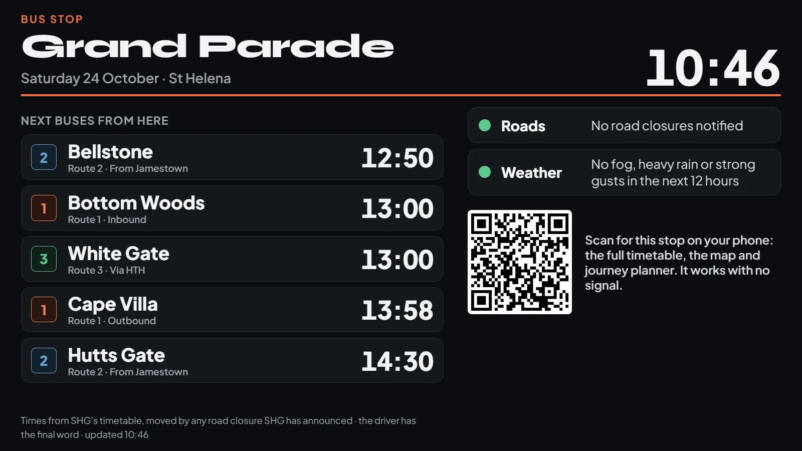 A stop board for Grand Parade: the next buses from the stop with their routes, destinations, times and minutes to go, and a QR code for the stop.